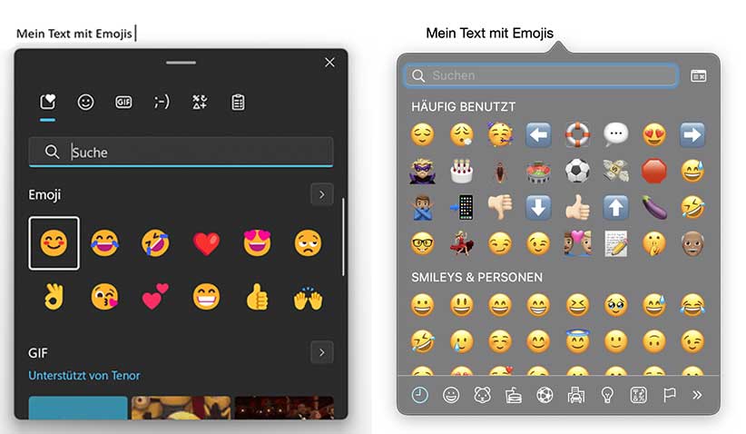 A comparison of emoji input masks on Windows and Mac.